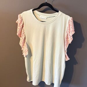 Lovely Melody Cream Top with Pink Floral Ruffle Sleeves
